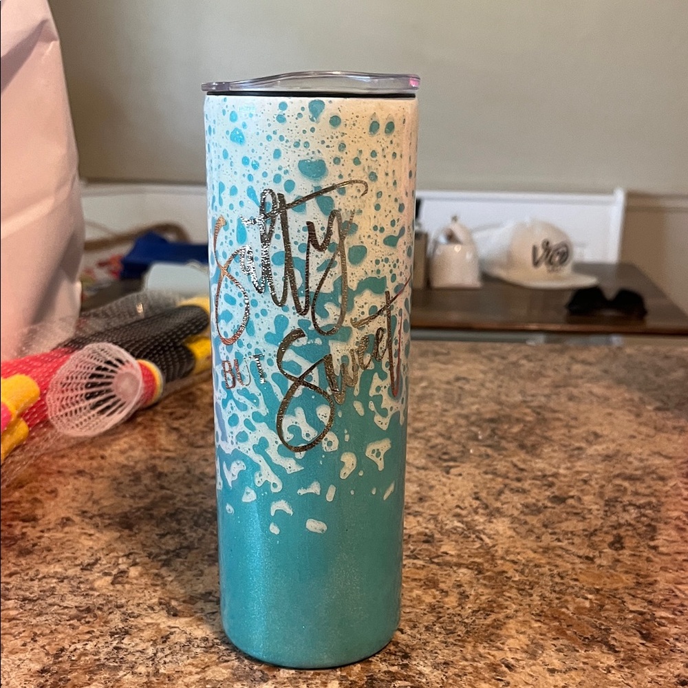 Blue and White Tumbler with Script Design